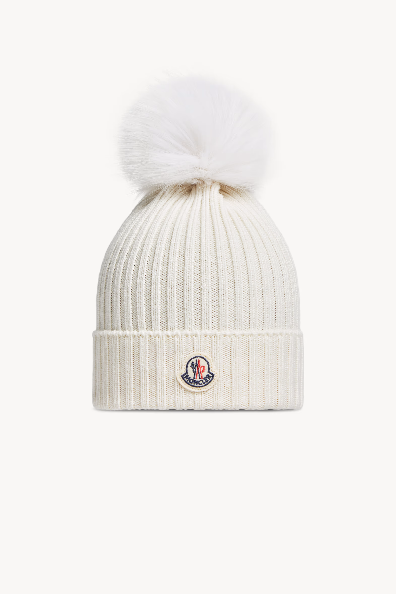 Wool Beanie with Faux Fur Pom Pom Girl White Moncler 0